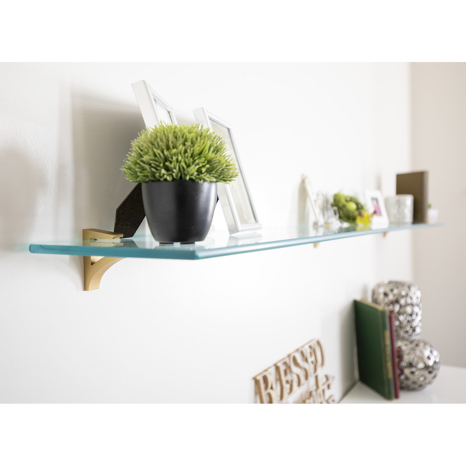 Earlham Tempered Glass Wall Mounted Bracket Shelf, Brass