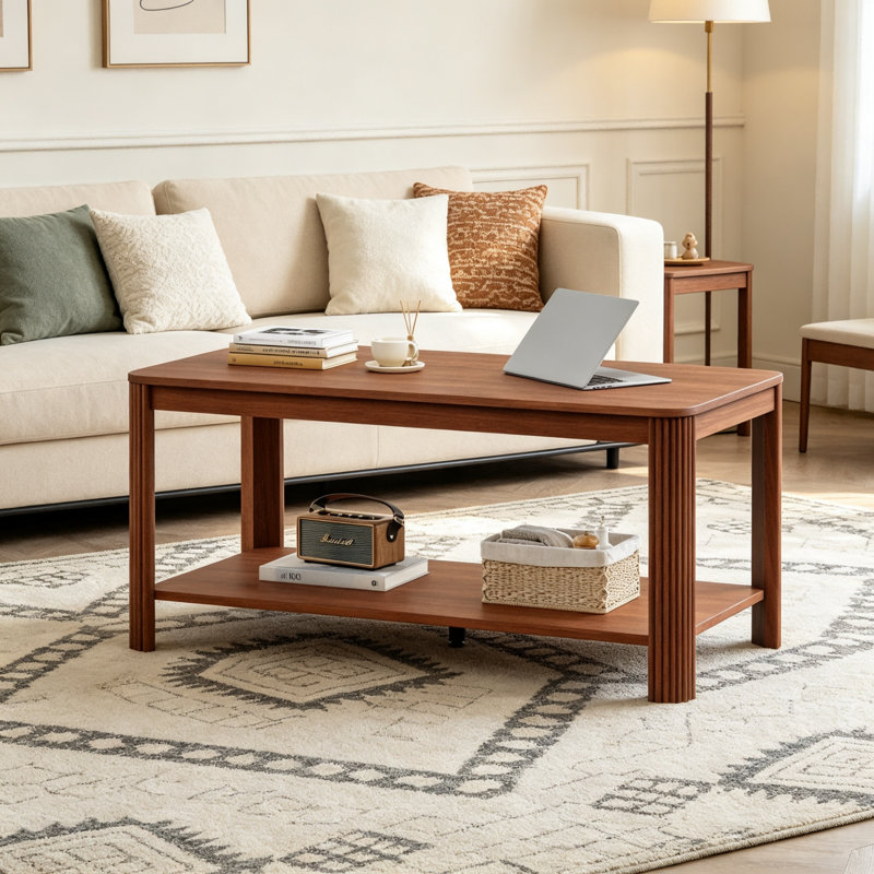 Table basse rectangulaire en bois avec tablette de rangement, Brown