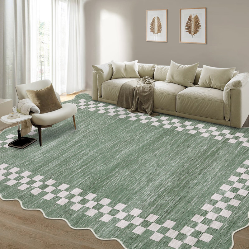 Scalloped Area Rugs Modern Bordered Accent Carpet,Non-Slip Floor Cover,Stain-Resistant Indoor Mat for Bedroom,Kitchen,Living Room