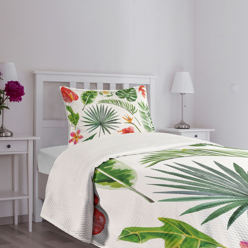 Ambesonne Plant Bedspread Set Heliconia Philodendron Multicolor, Twin Bedspread + 1 Standard Sham