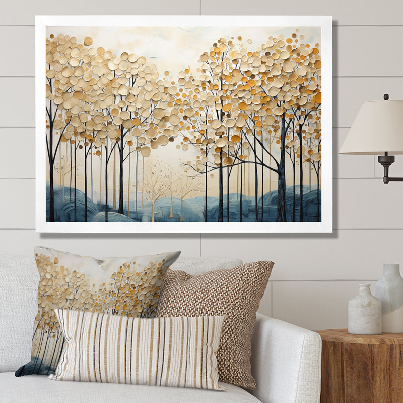 Minimalisme, arbres dorés et bleus scène IV - arbres, art mural, H 16 po x l 32 po x P 1 po, Cadre simple blanc