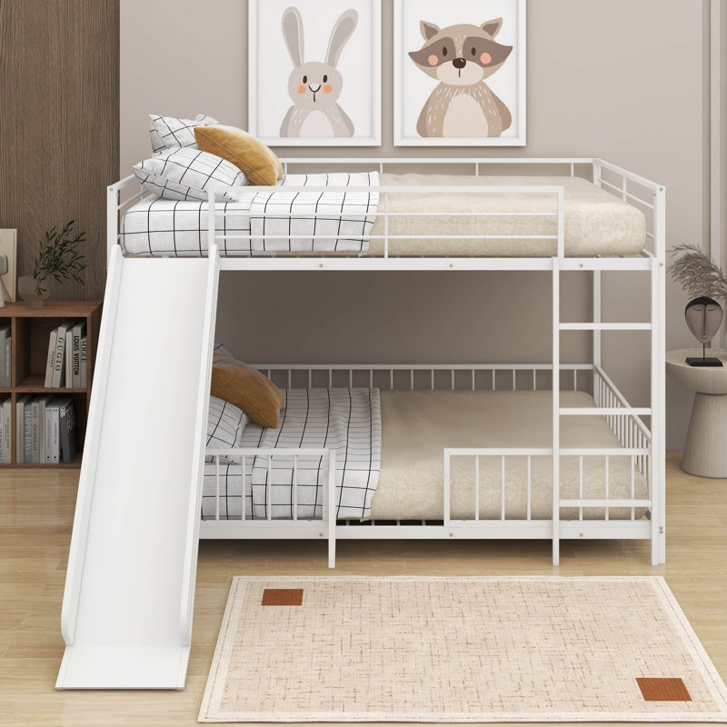 Metal Bunk Bed With Slide And Guardrails, Full Over Full, White