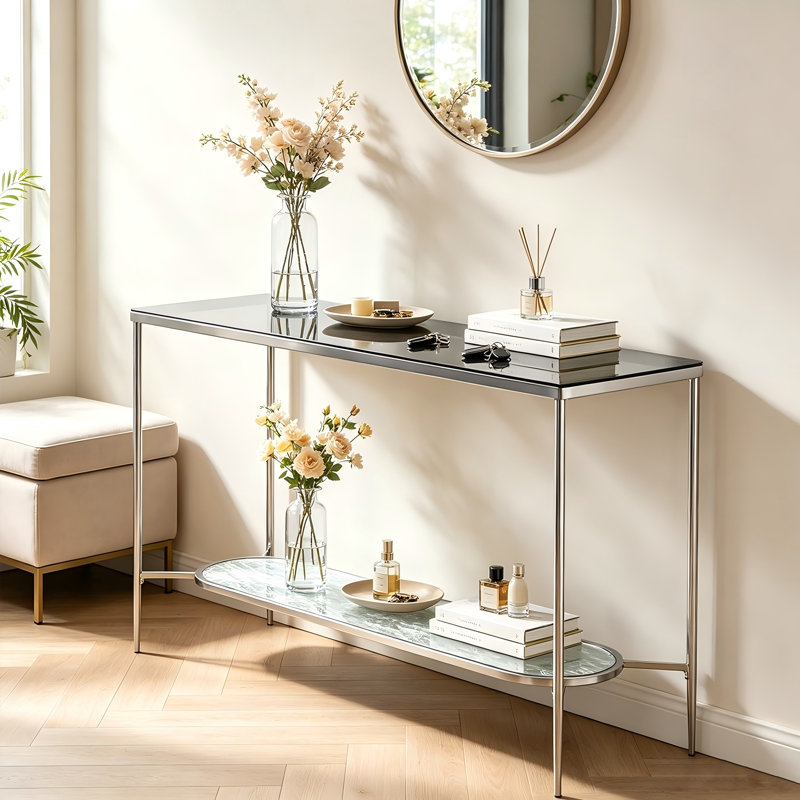 Console avec plateau en verre et tablette de rangement inférieure