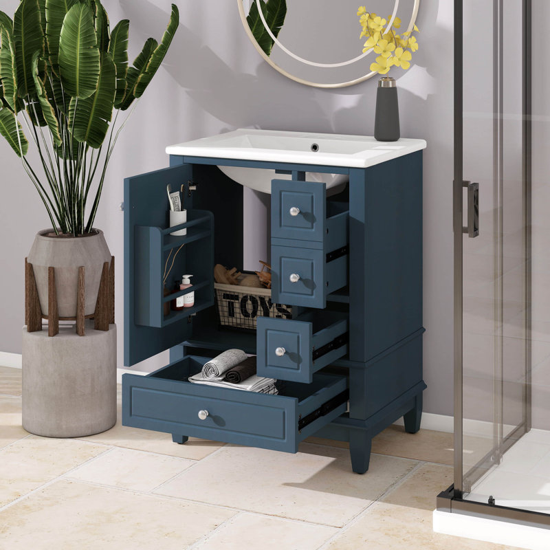 24" Bathroom Vanity With Sink, Single Vanity Set With 3 Drawers And One Door With Storage Racks, Wooden Storage Cabinet