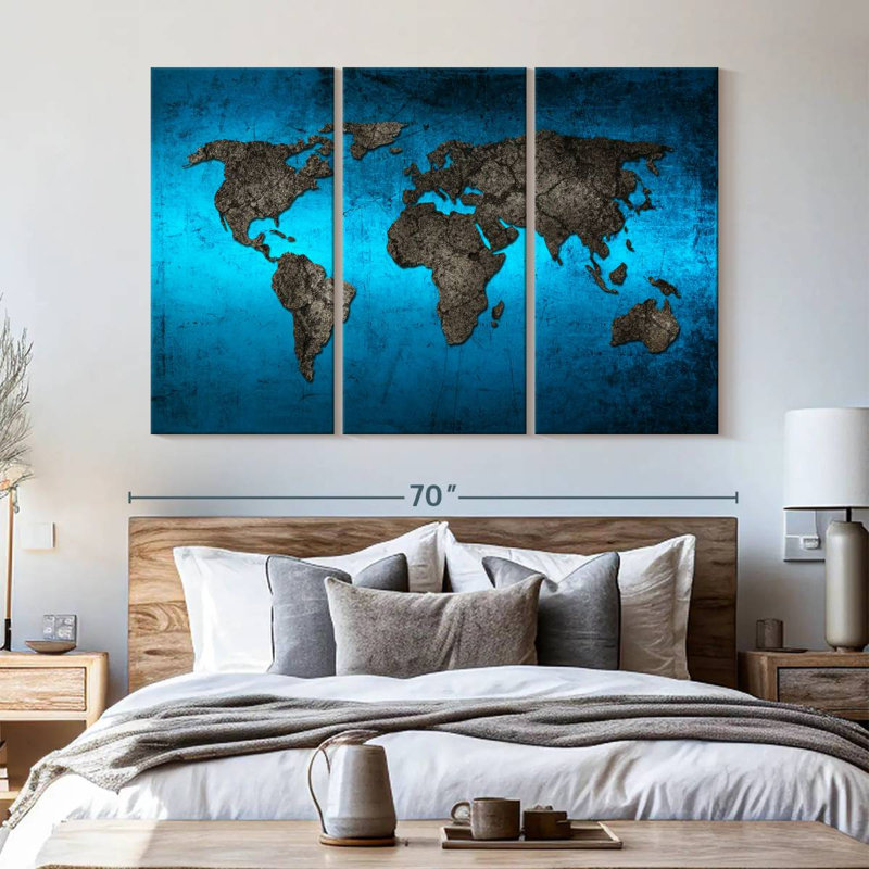 Carte du monde océanique sur toile, ensemble de 3 pièces, H 65 po x l 42 po x P 1,25 po