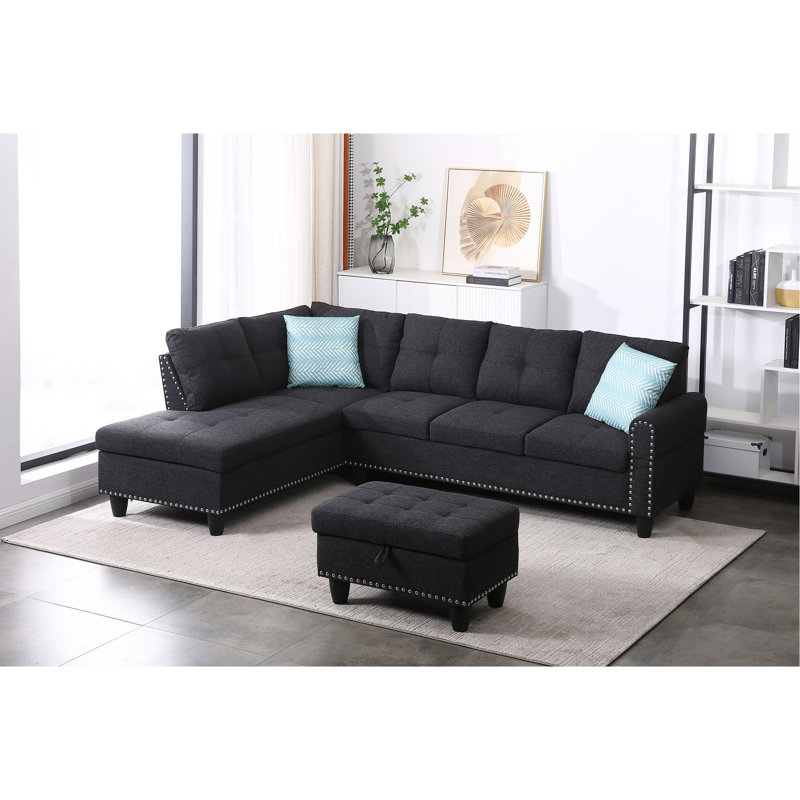 Large canapé et méridienne faisant face à la gauche avec repose-pieds, Gris anthracite