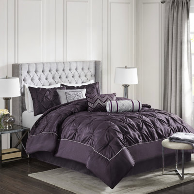 Literie 7 pièces King couleur prune - Design élégant avec couette, taies d'oreiller, oreillers et cache-sommier. Lavable à la machine. Magnifique linge de lit garni et décoratif.