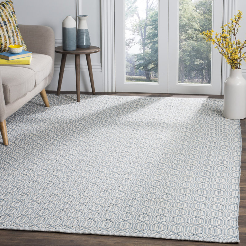 Jodi Geometric Handmade Flatweave Cotton Ivory/Blue Area Rug, Rectangle 8' x 10'