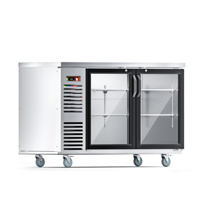 Coolake 60” Back Bar Cooler with 2 Glass Doors, 33-41℉, 17.3 Cu.Ft. Stainless Steel Top Back Bar Refrigerator with LED Lighting, Commercial Counter Height Beverage Refrigerator for Bar Office Store