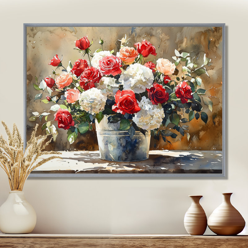 «Barnyard Blossom Arrangement At The Barn I - Assorted Bouquets», art mural, H 24 po x l 32 po, Cadre flottant, Argent argent