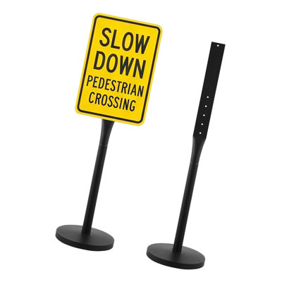 Poteaux de signalisation portatifs, lot de 2,1,20 m de hauteur, supports métalliques avec base robuste en fonte, conception multi-trous pour une installation facile, résistants au vent, avertissement, avis