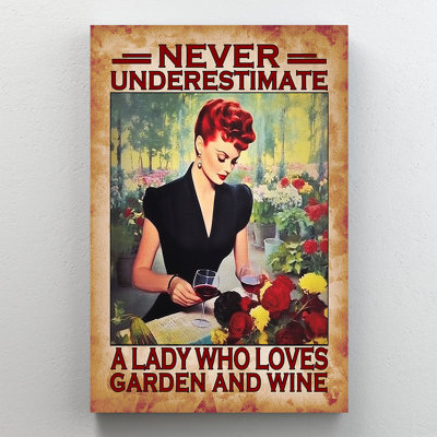 Lady Who Loves Garden And Wine Redhead In Black Wrapped Canvas Wall Art - Living Room, Bedroom, or Office Décor