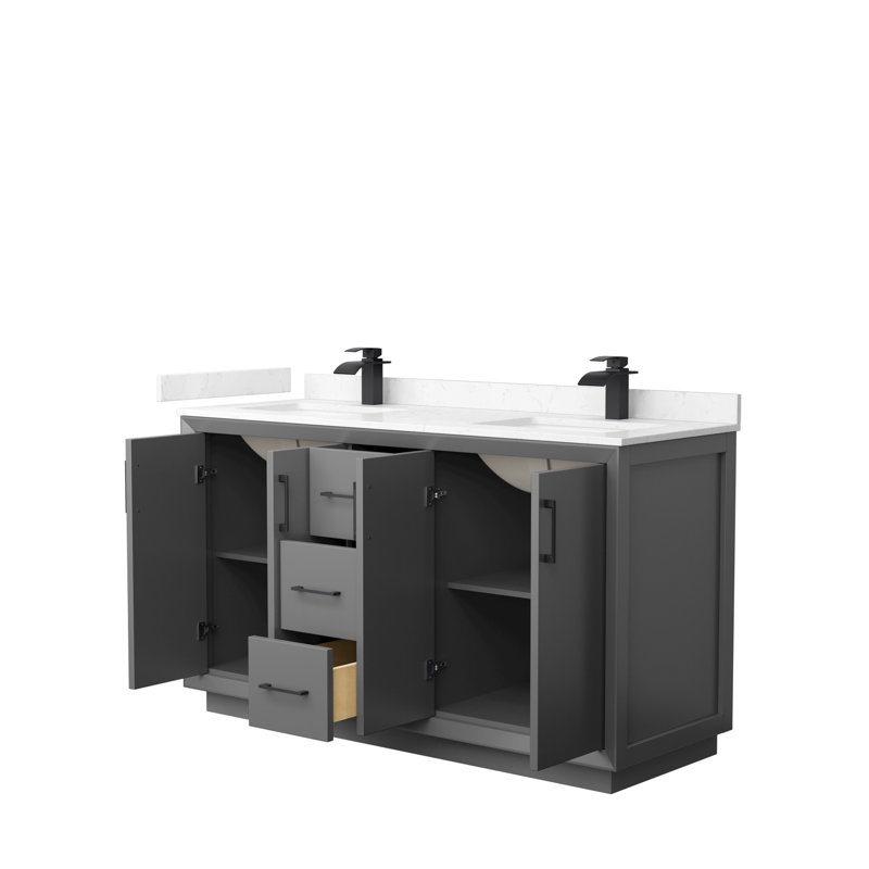 Ensemble de meuble-lavabo double 60 po Strada, Gris foncé, Noir mat, Marbre de culture blanc