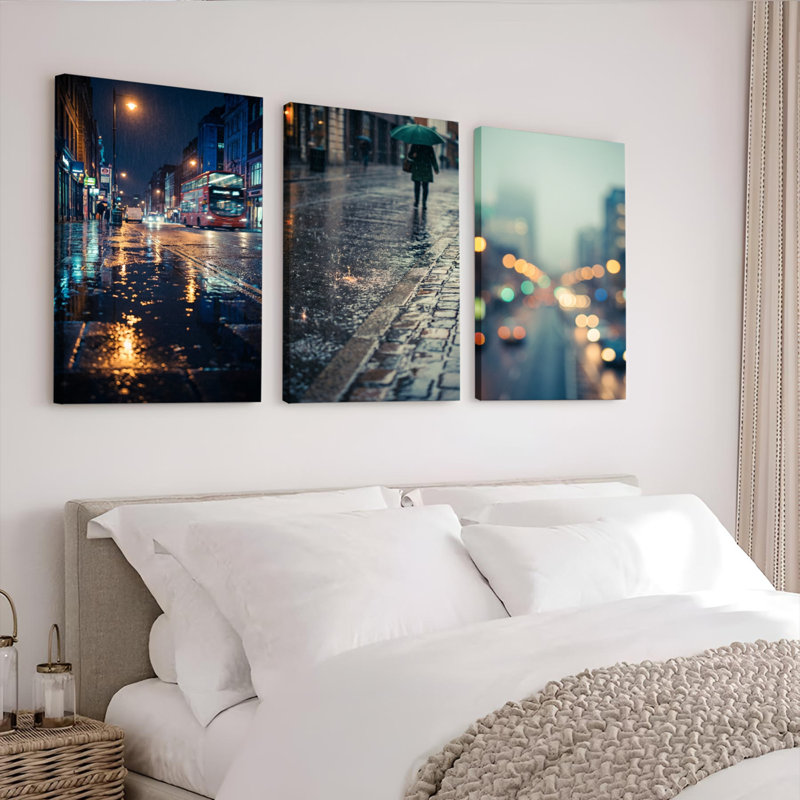 Ensemble de 3 tableaux sur toile représentant une scène de rue pluvieuse en ville, pour la décoration du salon, de la chambre et de la maison.