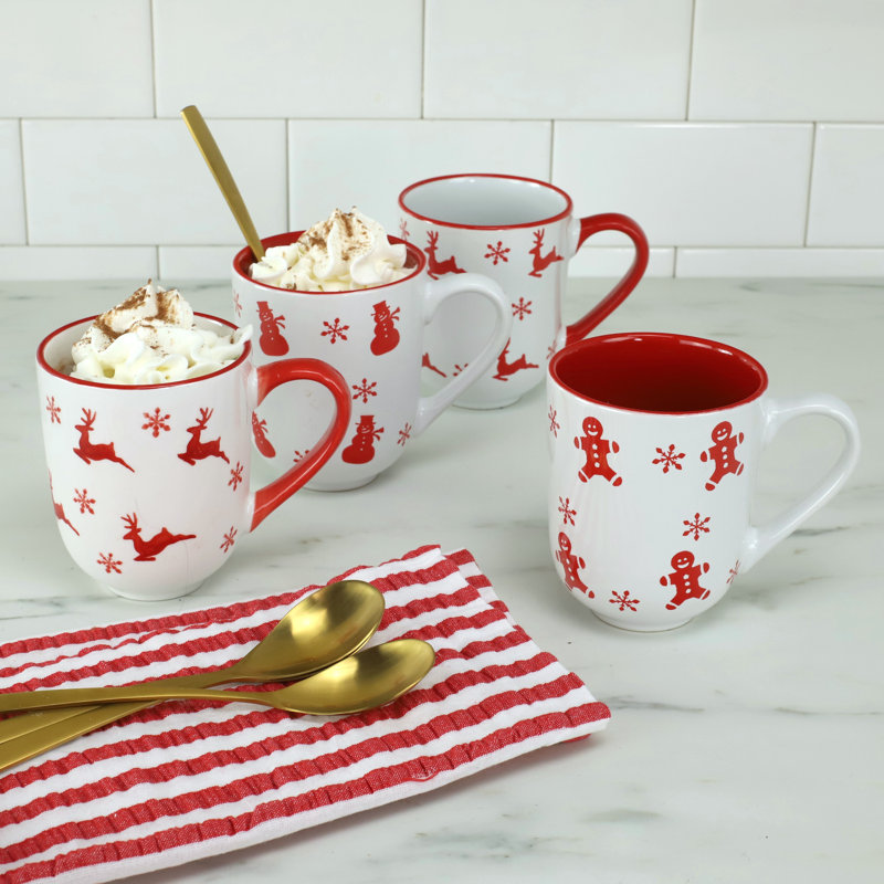 Winterfest Ceramic 12oz Christmas Mugs Set of 4, Red and White
