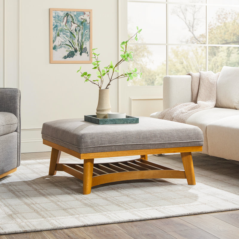 Modern Farmhouse Easy Assembly Upholstered Large Ottoman with Wood Legs, Dark Gray