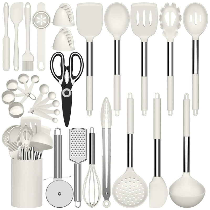 Ensemble d'ustensiles de cuisine en silicone 30 pièces, résistant à la chaleur antiadhésif, lavable au lave-vaisselle, sans Bpa, blanc