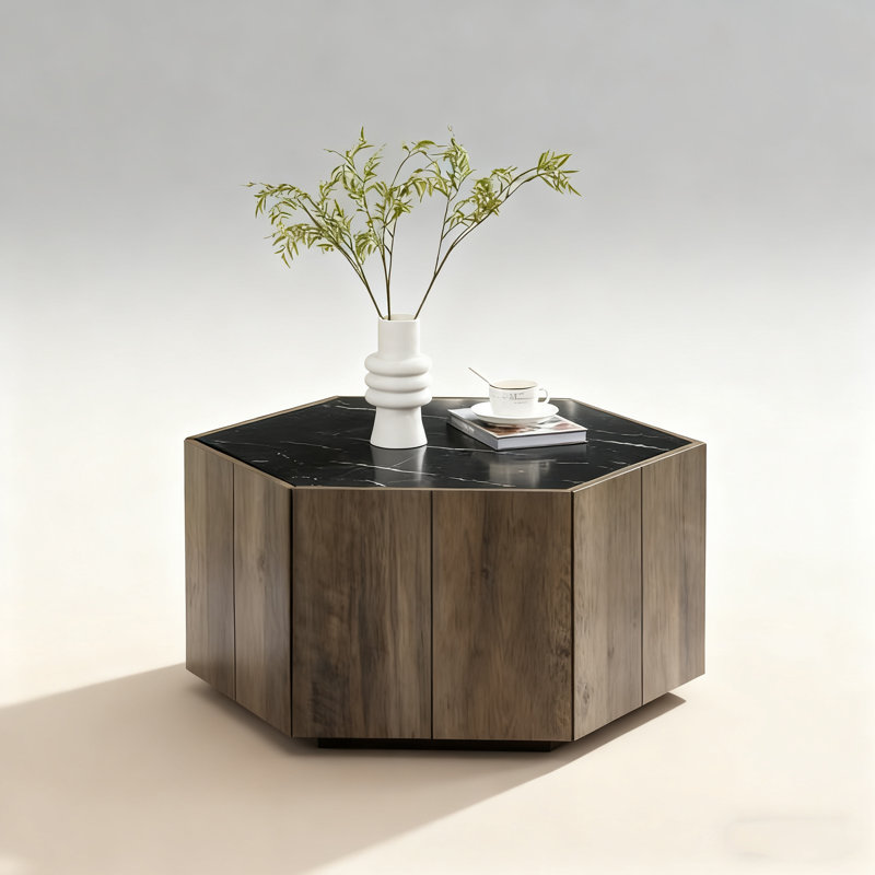 Table basse rustique en bois hexagonale - 2 tiroirs de rangement, plateau en marbre, finition chêne pour la maison / la réception