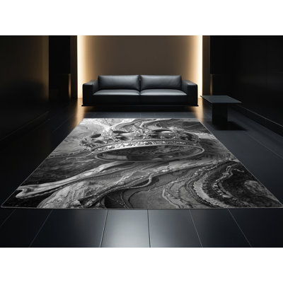 Soft Plush Dekalb Ornate Glam Marble Area Rug in Grey – Grey Binding