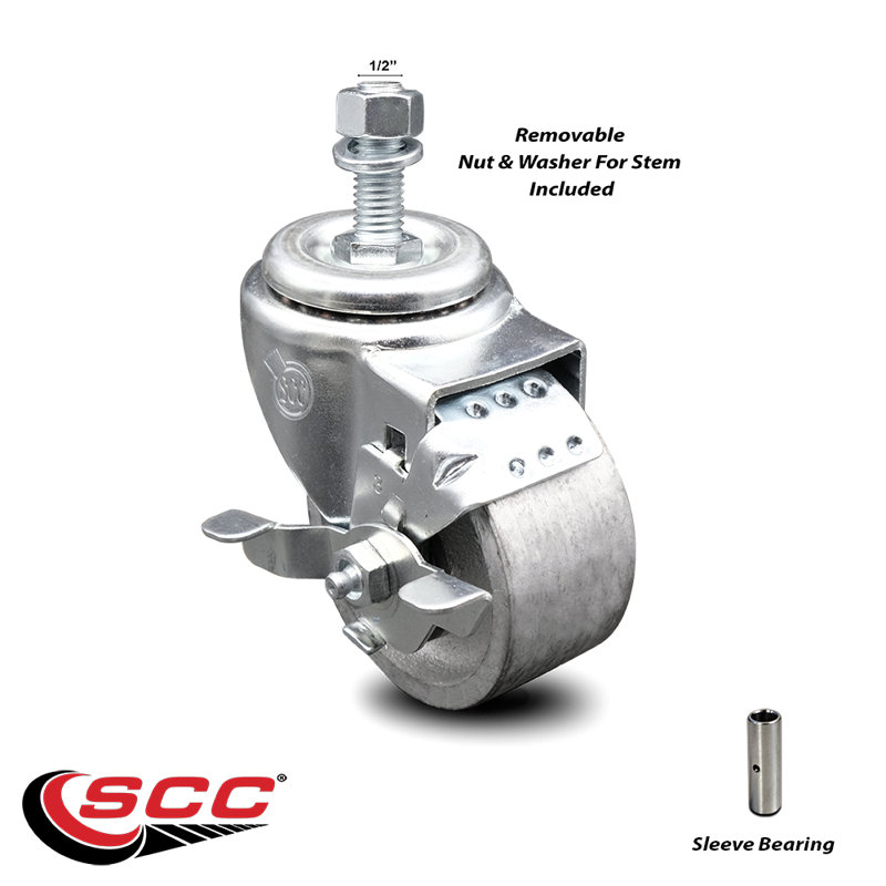 Roulettes semi-pivotantes en acier TS - roue de 3 po et tige de 1/2 po avec frein