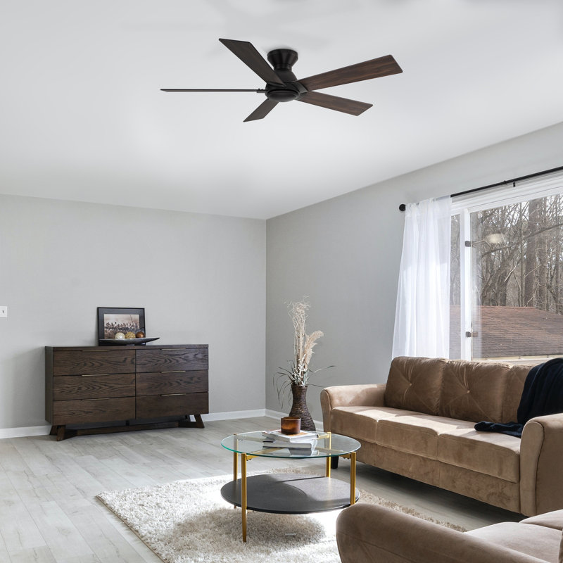52'' DC Motor Flush-Mounted Ceiling Fan with Remote Control, Black/Walnut