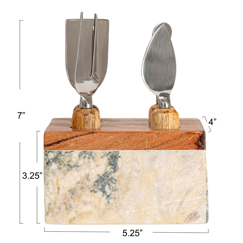 Marble Cheese Server Set With Mango Wood Stand, Black, Set Of 4