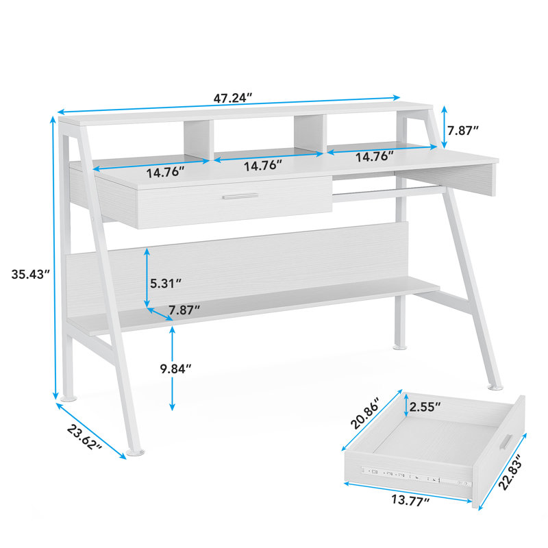 Kravitz Writing Desk with Drawers, Computer Desk with Metal Base, White Desk, White