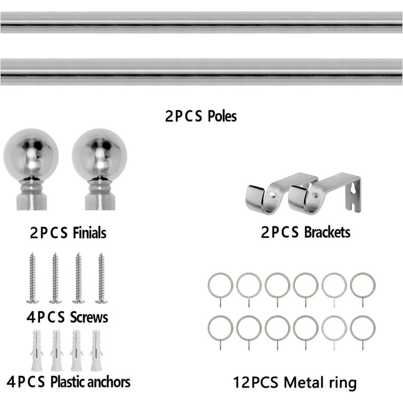 Adjustable Plain Metal Ball Curtain Rod, 70-120 cm, Chrome