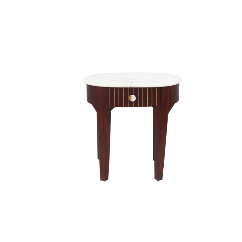 Table d'appoint en bois avec plateau en marbre et incrustation de laiton brun miel, Brun miel