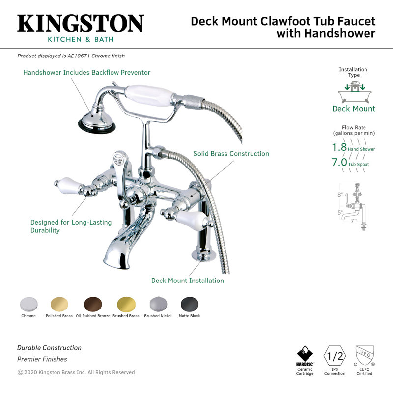 Robinet pour baignoire à pattes à 3 poignées et fixation sur le comptoir à 3 trous et cuivres Kingston, Chrome poli