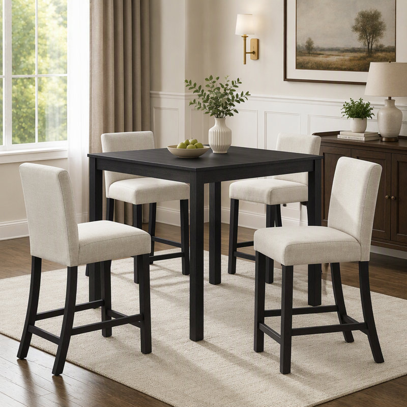 Ensemble table et chaises de salle à manger modernes cinq pièces, hauteur comptoir, pour les cuisines compactes.