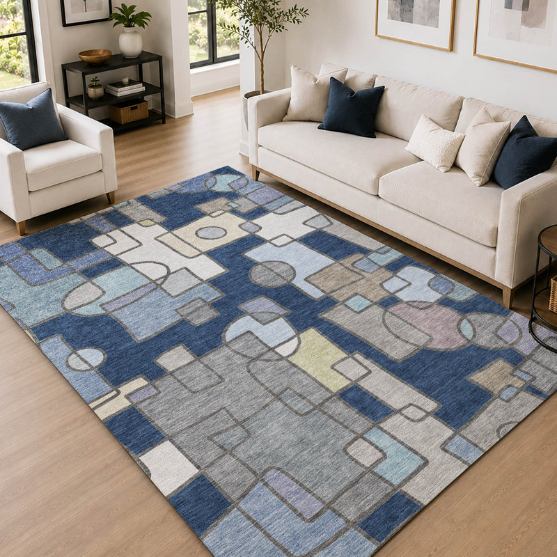 Tapis géométrique de qualité supérieure lavable à la machine Prisco, Marine, 8 pi x 10 pi