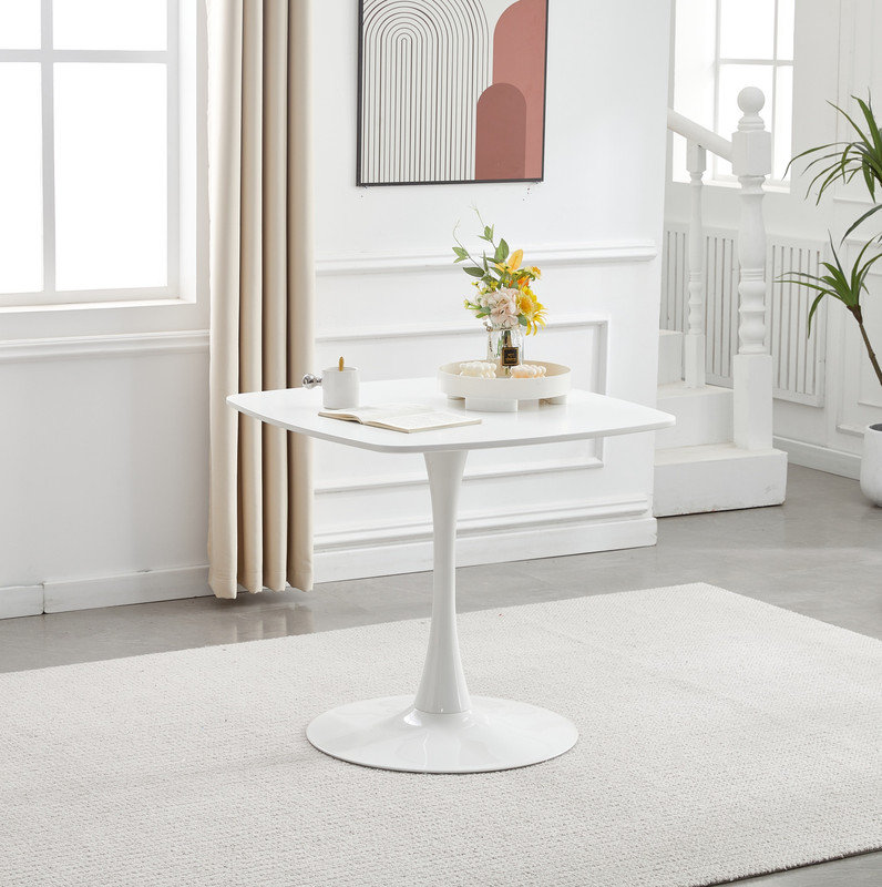 Ensemble de salle à manger 1 + 4,5pièces, table de salle à manger à pieds en métal de style Mid-Century pour 4 à 6 personnes avec plateau en panneau de fibres à densité moyenne, table de salle à manger à piédestal, table basse de loisirs, blanc