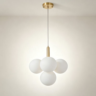 Minimalist Brass Long Cord Pendant Light, Modern 4-Light Milk White Globe Hanging Lamp for Kitchen Island & Bedside
