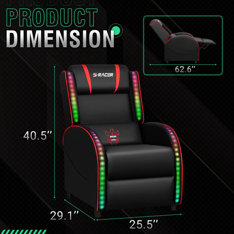 Fauteuil de jeu PC et de course en simili cuir avec lumières DEL RVB et support lombaire à massage, Noir / rouge