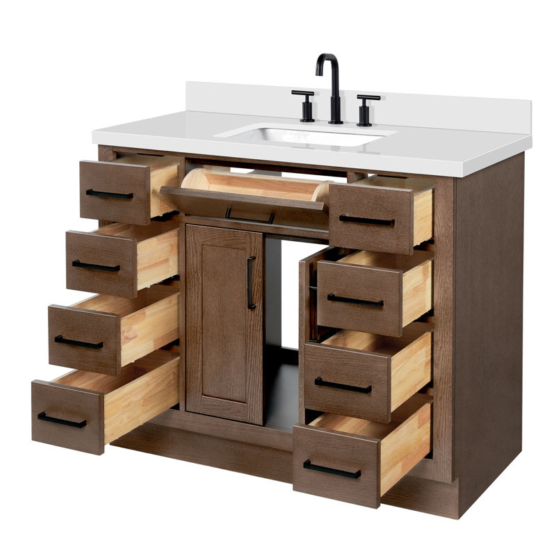 Meuble-lavabo simple en bois massif 42 po Tidworth avec plateau en quartz blanc 1,5 po, Forme rectangulaire