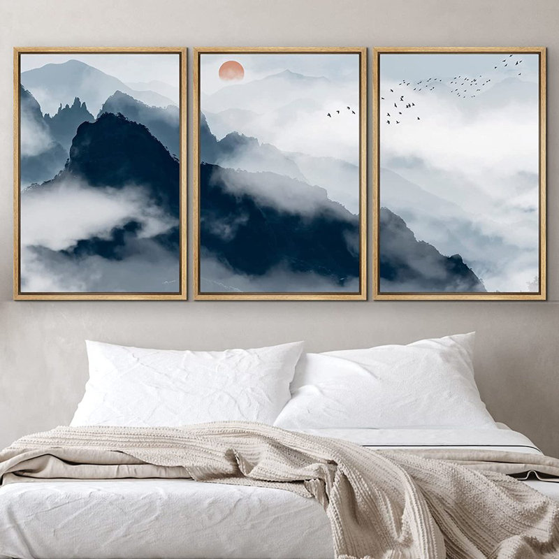 Chinoiserie " Mountain Range " 3 - Pieces Painting Print, 48" W x 24" H, Brown