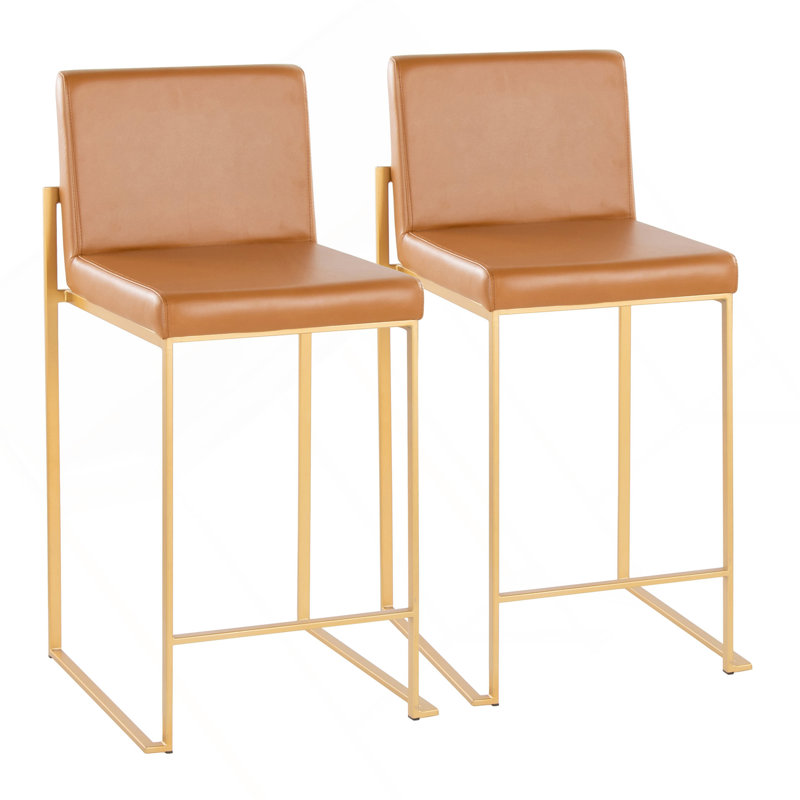Tabouret de bar contemporain à haut dossier de 26 po Fuji en métal doré et similicuir brun clair par Lumisource - ensemble de 2