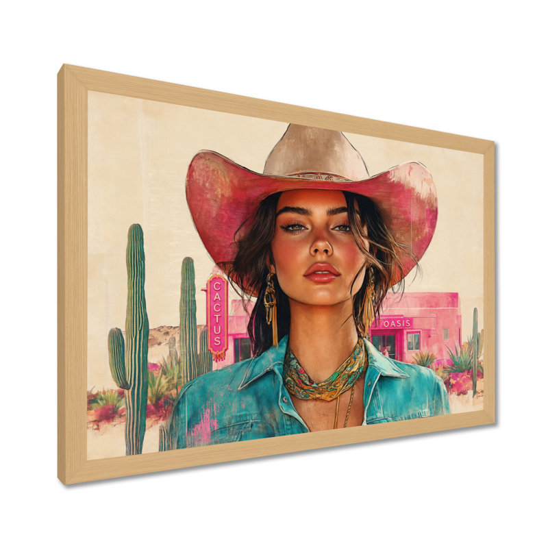 Portrait d'une cowgirl dans un motel du désert - Décoration murale sur toile de style western, H 24 po x l 32 po