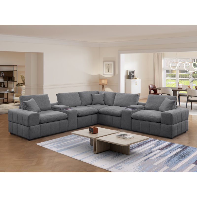 Upholstered Chenille 7 Piece Modular Sectional Sofa With Two Central Console, Wireless Charging & Storage & Cup Holders