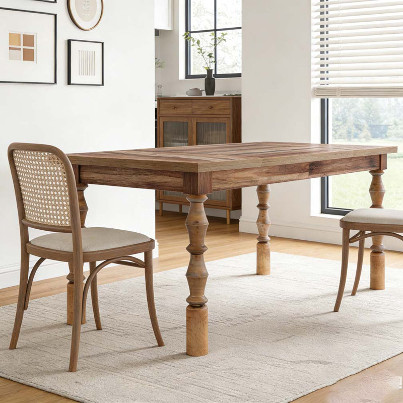 Wooden Kitchen Dining Table with Carved Turned Legs, Brown