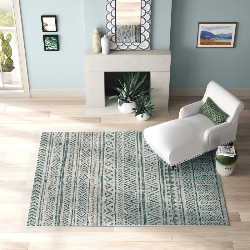 Tapis turquoise / gris tissé à la machine Tomas, Rectangle 4 pi 3 po x 5 pi 11 po