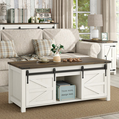 Jaquavion Coffee Table, Farmhouse Lift Top Coffee Table with Hidden Storage and Sliding Barn Door for Living Room
