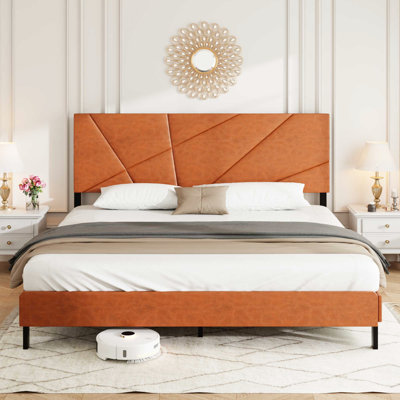 Queen Size Bed Frame, Antique Brown, Metal And Material Blend, Square Platform With Under - Storage, Modern Style Appeal, No Spring Loaded Mattress Brown Upholstered Quick Assembly, High Strength