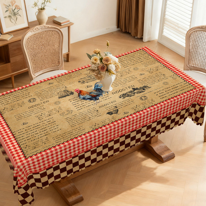 Machine-washable polyester tablecloth with rooster country design, 86.6" L x 70.8" W