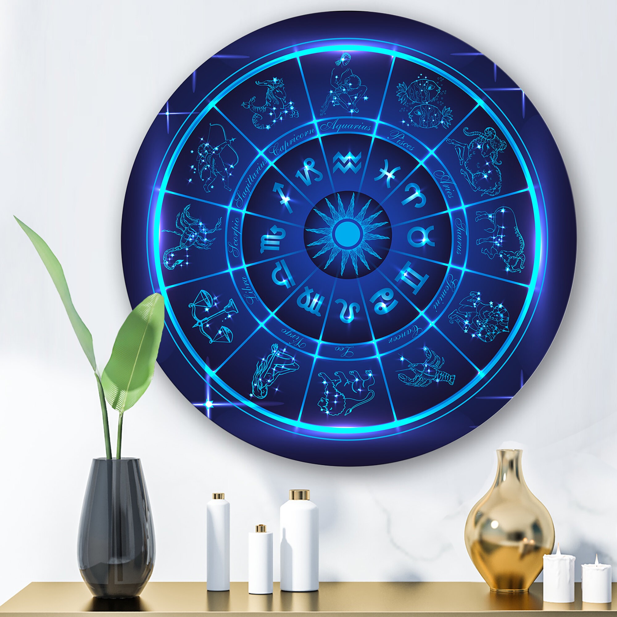 Bless international Neon Deep Blue Horoscope Circle With Zodiac