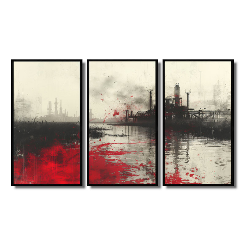 Ensemble de salon art mural rouge et noir, Toile avec cadre flottant noir, H 32 po x l 48 po x P 1 po