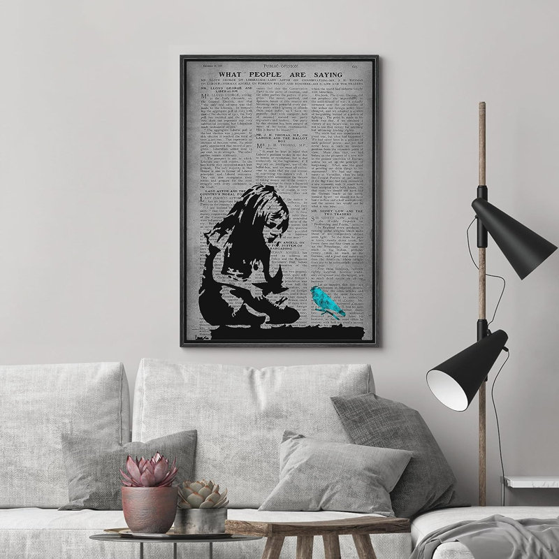 Journal Banksy Girl sur toile, H 36 po x l 24 po x P 1,5 po, Cadre flottant noir
