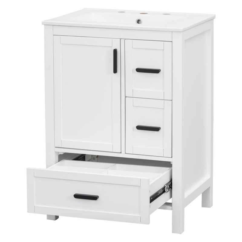 Meuble-lavabo moderne de 24 pouces avec lavabo en céramique, porte à fermeture douce et 3 tiroirs | Idée de cadeau, Blanc