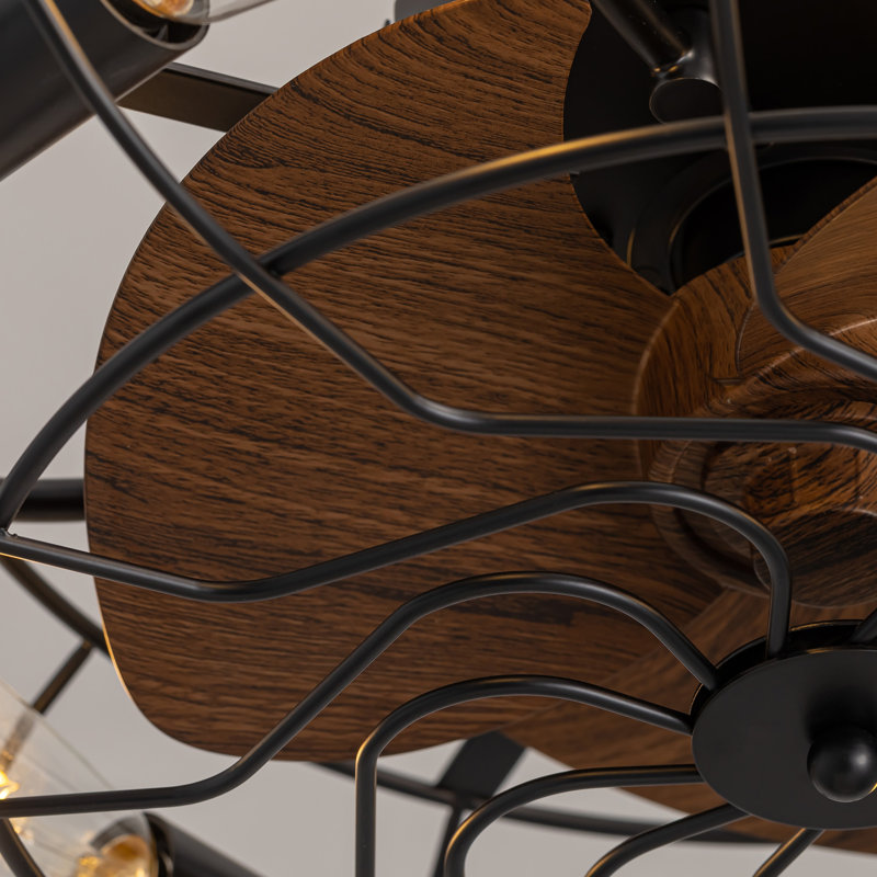 20.4" Bloneva Farmhouse Caged Ceiling Fan with Light Kit and Remote Control Included, Black with Walnut Blades